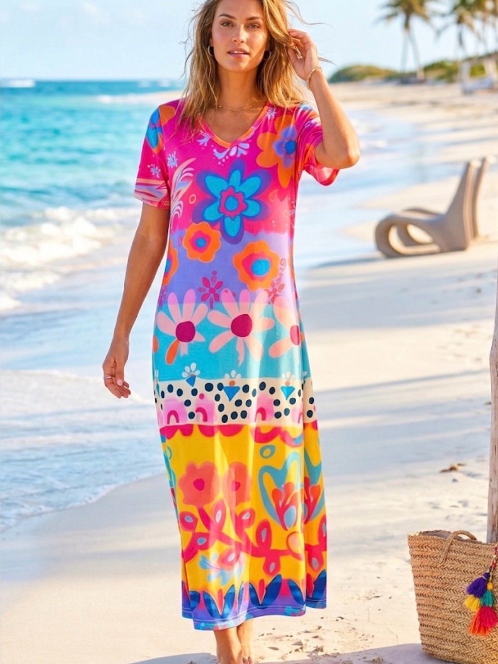 Vibrant Floral knit Maxi Beach Dress in Multicolor boho print